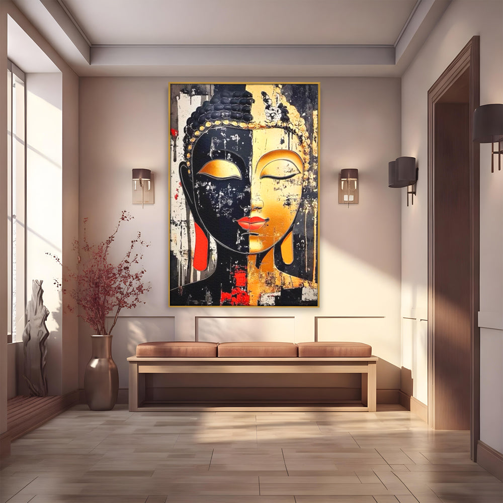 Tablou canvas cu tablou canvas cu chipul lui buddha, in rama de aluminiu auriu